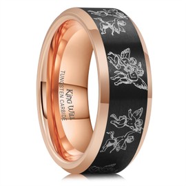 King Will 8mm Tungsten Carbide Wedding Band for Men – Black with Cherub Etching, Rose Gold Beveled Edge, Comfortable & Stylish,Size11