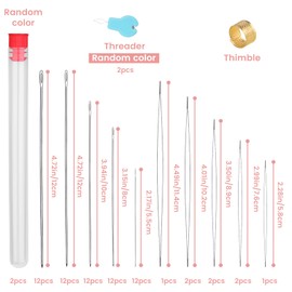 LOKUNN 74 Pcs Beading Needles Set, Include Long Straight Beading Thread Needles + Big Eye Beading Needles, Embroidery Needles with Needle Bottle, Thimble, Needle Threaders for Jewelry Making