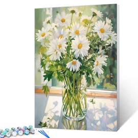 Tucocoo White Daisy DIY Paint by Numbers for Adults White Flowers with Green Leaves in Vase DIY Oil Painting Kits Canvas with Acrylic Paint Floral Plant Art 16x20 Inch （Without Frame ）