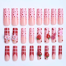 RUOKEXIN Long Press on Nails Coffin Fake Nails Red Pink French Tip False Nails with 5D Strawberry Flower Designs Cute Little Bear Nail Press ons Artificial Nails Natural Stick on Nails for Women 24Pcs