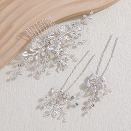 Famihot Hair Accessories, Pearl Comb, U Pins, 5-piece Set, Tree Leaves Flower Motif, Bride, Kanzashi, Crystal Headdress, Handmade Wedding, Yukata, Kimono, Hair Ornament, Flower, Weddings, Receptions