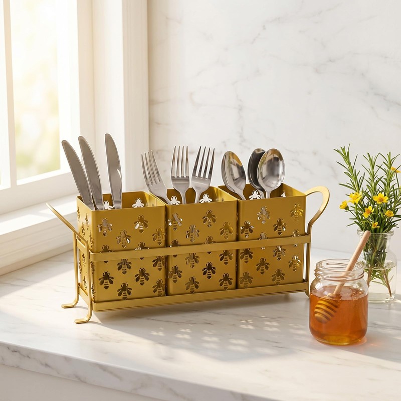 DRPORONYN Silverware Caddy with Bee Design, 3 Compartment Metal Utensil