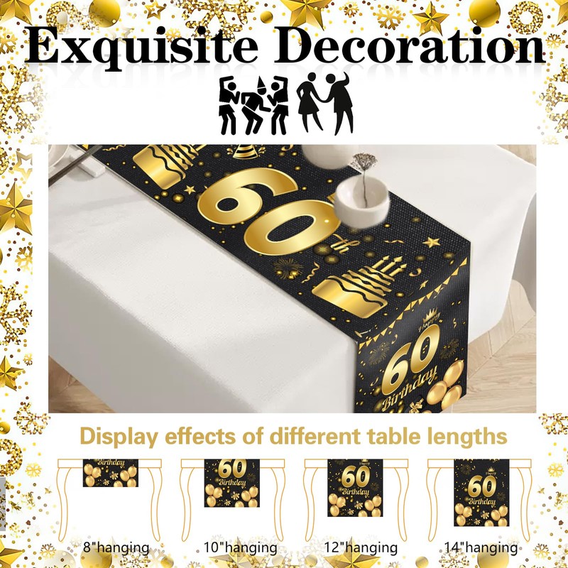 60th Birthday Table Runner, Black Gold Party Birthday Table RunnerTablecloth