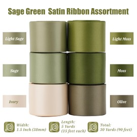 DINDOSAL Sage Green Ribbon 1.5 Inch Moss Green Double Face Satin Ribbon 6 Rolls Sage Ribbon for Wedding Green Ribbon for Crafts Ribbon for Gift Wrapping Hair Bows Making - 30 Yards