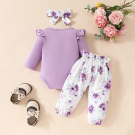Eqenkely 3 Pieces Newborn Baby Clothes Girl Cute Letter Print Long Sleeve Romper Tops and Floral Pants Headband Fall Winter Outfits Sets Purple 0-3 Months
