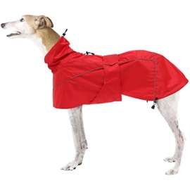 Greyhound Lurcher Raincoat, Whippet Rain Gear with Reflective Bar, Rain/Waterproof, Adjustable Bands and drawstring in Autumn and winter - Red - XXL