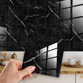 WALPLUS Marble Tile Stickers Glossy Waterproof Oil Proof Removeable Stick on Wall Backsplash DIY PVC for Bathroom Kitchen Home Decor Coal Black 24 pcs 15cm(6")