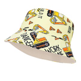 QKURT Kids Sun Hat Fishing Hat with Sun Protection for Summer Reversible Beach Cap Bucket Hat with Digger Pattern for Boys 3-8 Years, Yellow Digger