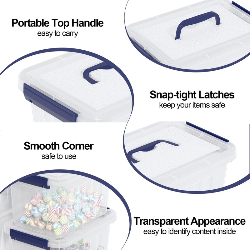Yuright 3.5 Quart Small Clear Latching Storage Box with Handle,