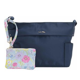 Laura Ashley ILNL-04 Laura Ashley Wales Nylon Horizontal Shoulder Bag with Floral Mini Pouch ILNL-04, navy