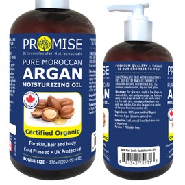 Promise Orthomolecular Nutraceuticals 270ml (9oz) PURE MOROCCAN ARGAN Oil, Certified Organic, Cold Pressed + UV Protected, For Hair Skin and Nails, Made in Canada (270ml)