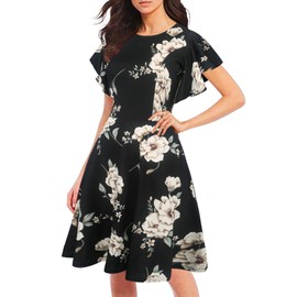 oxiuly Women's Flounce Sleeves Floral Summer Casual Dress Party Cocktail Dresses with Pockets OX376 (Flare BK khakif, S)