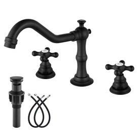 gotonovo 3 Hole Matte Black Bathroom Sink Faucet with Pop Up Drain Two-Handle Widespread Double Cross Knobs Mixing Tap Deck Mount