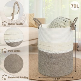 danpinera 79 L Large Laundry Basket, Tall Woven Cotton Storage Hamper with Handles, Dirty Clothes Hamper in Bathroom, Decorative Storage Basket for Living Room White & Brown