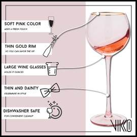 Vikko Wine Glasses, 17 Ounce Pink Wine Glass with Gold Rim, Set of 4 Stemmed Wine Glasses for Red and White Wine, Colored Wine Glasses, Glasses for Wine