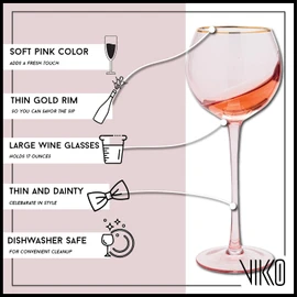 Vikko Wine Glasses, 17 Ounce Pink Wine Glass with Gold Rim, Set of 4 Stemmed Wine Glasses for Red and White Wine, Colored Wine Glasses, Glasses for Wine