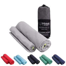 Prime Art Wood® Microfibre Hand Towels Set of 2 (70 x 140 cm and 40 x 80 cm) Quick-Dry, Extremely Absorbent, Ultralight Travel Towel Set with Bag - Ideal for Outdoor, Travel, Camping, grey, 140x70cm