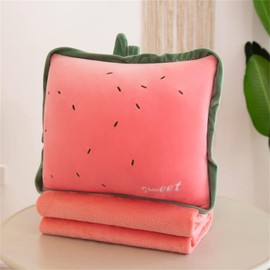 Travel Blanket and Pillow Set, 3-in-1 Cute Plush Fruit Stuffed Hugging Pillow with Warming Hands on Both Sides,Suit for Airplane Train Travel,Camping or Office (Watermelon)