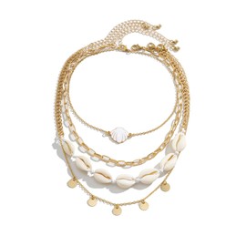Rrdaily Cute Starfish Shell Necklace Bohemian Layered Shell Necklace Gold Chain with Cowrie Shells, Vacation Beach Jewelry for Women (Choker)