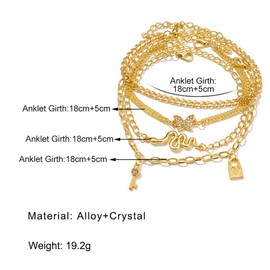 Prosy Layered Beach Butterfly Snake Anklet Gold Ankle Bracelets Chain Key and Lock Foot Jewelry Adjustable for Women Girls (4PCS)