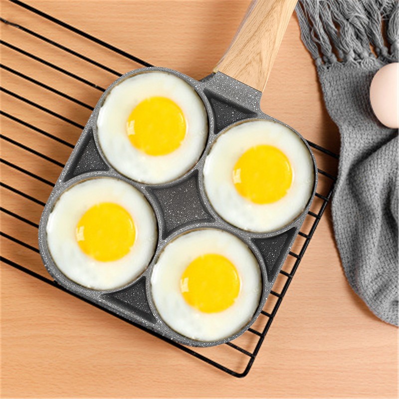 4‑Hole Egg Frying Pot Pancake Pan with Wood Handle for