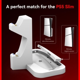 NBCP PS5 Slim Vertical Stand with Dual Controller Charger and LED Indicators for PlayStation 5 Slim Disc & Digital Editions, Includes Headset Holder, Storage Accessory Stand, White