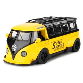 BDTCTK 1/32 Volkswagen Bus Transporter Model Car with Surfboards Convertible Camping Van, Zinc Alloy Pull Back Toy car with Sound and Light for Kids Boy Girl Gift(Yellow)