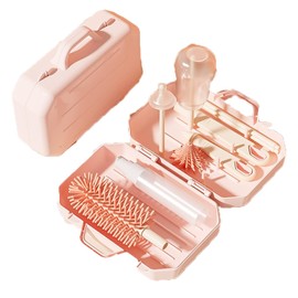 PandaEar Portable Bottle Brush Set with Case, Baby Travel Essential-6 in 1 Bottle Cleaning Tool, Bottle Cleaner Kit with Silicone Brush, Nipple Brush, Straw Brush, Bottle Dispenser, Pink