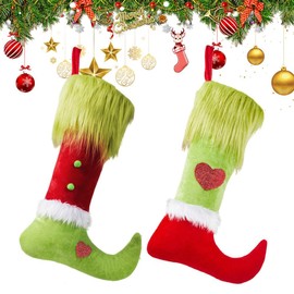 2 Pack Christmas Elf Boot Stocking Funny Novelty Xmas Stocking Lime Green Socks with Faux Fur Hanging Stocking Gift Bag Holiday Fireplace Xmas Tree Hanging Decor (Green)
