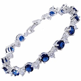 RIZILIA Tennis Bracelet [19cm/7.5inch] with Round Cut Gemstones CZ [Blue Sapphire] in 18K White Gold Plated, Simple Modern Elegance
