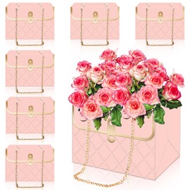 Whaline 6Pcs Pink Paper Flower Bags with Metal Chain Bouquet Storage Bucket Florist Box Flower Wrapping Basket Handbags for Mother's Day Wedding Birthday Party Gift Supplies