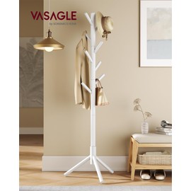 VASAGLE Solid Wood Coat Rack, Free Standing Tree-Shaped Coat Rack with 8 Hooks, 3 Height Options, for Clothes, Hats, Bags, Living Room, Bedroom, Home Office, White URCR004WT