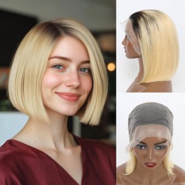 Evala Bob Wig Human Hair Lace Front Wig Human Hair Bob 613 Bob Wig Human Hair 13x4 12 inch 180% Density #T1B/613 Blonde Ombre Bob Hair Wigs for Black Women