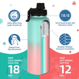 Volhoply Insulated Water Bottles Bulk 2 Pack, 40 oz Stainless Steel Sports Bottle with Paracord Handle & Spout Lid,Double Walled Vacuum Travel Water Thermos with Wide Mouth Hiking(Green Pink,2 Set)