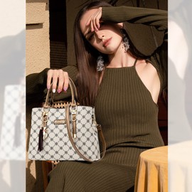 NICOLE & DORIS Women's Handbag Elegant Shoulder Bags Printed Handbags PU Leather Women Shoulder Bag Shopper Tote Medium Bag Handbag with Pendant Beige with Brown