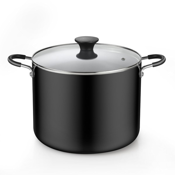 Cook N Home Nonstick Stockpot with Lid 10.5-Qt, Deep Cooking Pot Cookware Canning Stock Pot with Glass Lid, Black