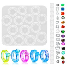 BROVITI 2 Pieces Resin Silicone Ring Molds Jewelry Epoxy Resin Casting Molds with 7 Different Sizes and 14 Different Cut Gem Face Decoration for DIY Making Rings Pendants Crafts