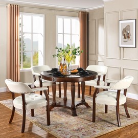 MODERION Solid Wood Dining Chairs with Upholstered,Office Desk Chair with Arms. Faux Leather Boss Captain's Chairs,Classic Accent Chairs for Dining Room, Living Room Cherry Walnut Legs & White NX173C