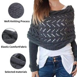 Scarf with Sleeves for Women, Knitted Cable Wrap, Multifunctional Crochet Shrug Sweater Wrap with Sleeves (Dark Grey)