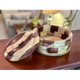 Handcrafted Wooden Mexican Tortilla Warmer Basket Indian Chapati Roti Bread Holder Box Pancake Keeper Serveware Hot Pot Casserole Dish With Lid Home Kitchen Dining Decor, Natural Brown, 9 x 3.5 Inches