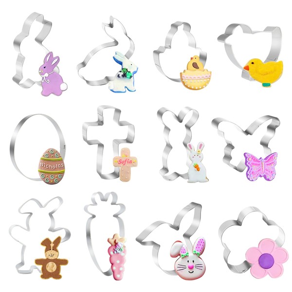 Pack of 12 Easter cookie cutters, stainless steel, rabbit, egg,