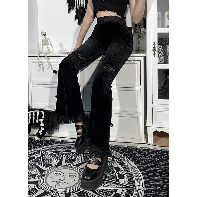 Women Gothic High Waist Flare Pants Loose Trousers Suede Fashion