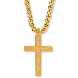 Extel 1-3/4 Inch 14KT Gold Plated Over Sterling Silver Plain Style with Our Father Prayer on Back Cross Pendant Charm Necklace for Men with 24 inch Stainless Steel Gold Plated Curb Chain