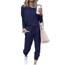 PRETTYGARDEN Women's 2025 Spring Two Piece Outfit Long Sleeve Crewneck Pullover Tops And Long Pants Tracksuit (Navy,Large)