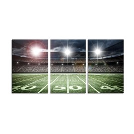 Large Artwork American Football Dormitory Kids Room Canvas Wall Art Green Spotlight Rugby Field Match Sport Picture for Boy Bedroom Playroom Wall Décor Framed 16x24inch