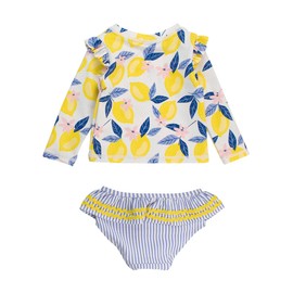 RuffleButts Baby/Toddler Girls Skirted Long Sleeve Rash Guard Bikini UPF50+ Sun Protected Swimsuit - Lemon Capri, 8