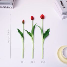 WAKISAKI 16-inch Premium Real Touch Fake Tulips Artificial Flowers with Buds, Flexible Stem Easy to Shape, Faux Tulips for Home Decor Indoor (Vase not Included), 5-Pack Set of Passion Red