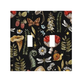 Vintage Red Mushroom Rustic Green Plant and Floral Double Toggle Wall Plate Decorative 2-Gang Light Switch Cover Electrical Receptacle Outlet Face Plate Cover