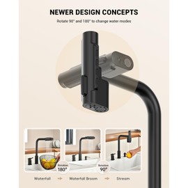 Waterfall 3 Hole Matte Black Kitchen Sink Faucet with Separate Handle and Soap Dispenser, AJO BEND Stainless Steel 5-Mode Pull Down Faucets for Kitchen/Bar/RV Sink, Single Handle 360° Swivel