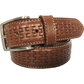 MENS BELT ITALIAN LEATHER BLACK TAN BROWN WEAVE EMBOSSED 35MM (COGNAC TAN, XXL 41-45 INCHES)